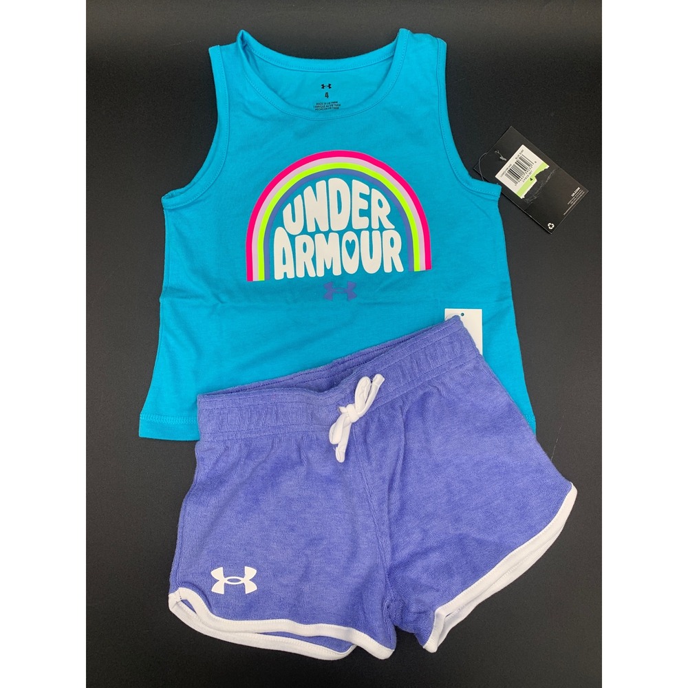 Under Armour Girls 2 Piece Set Rainbow Tank Top and Terry Shorts Blue Purple 4